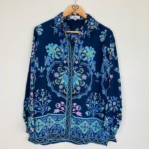 Averardo Bessi 60s print silk button front blue shirt. Size 8.
